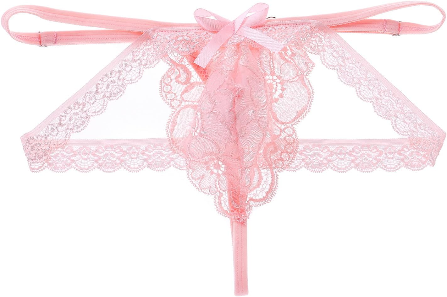 ABAFIP Men's Lace Thongs Frilly Trim Low Waist Bowknot T-back G-string Panties Crossdressing Underpants