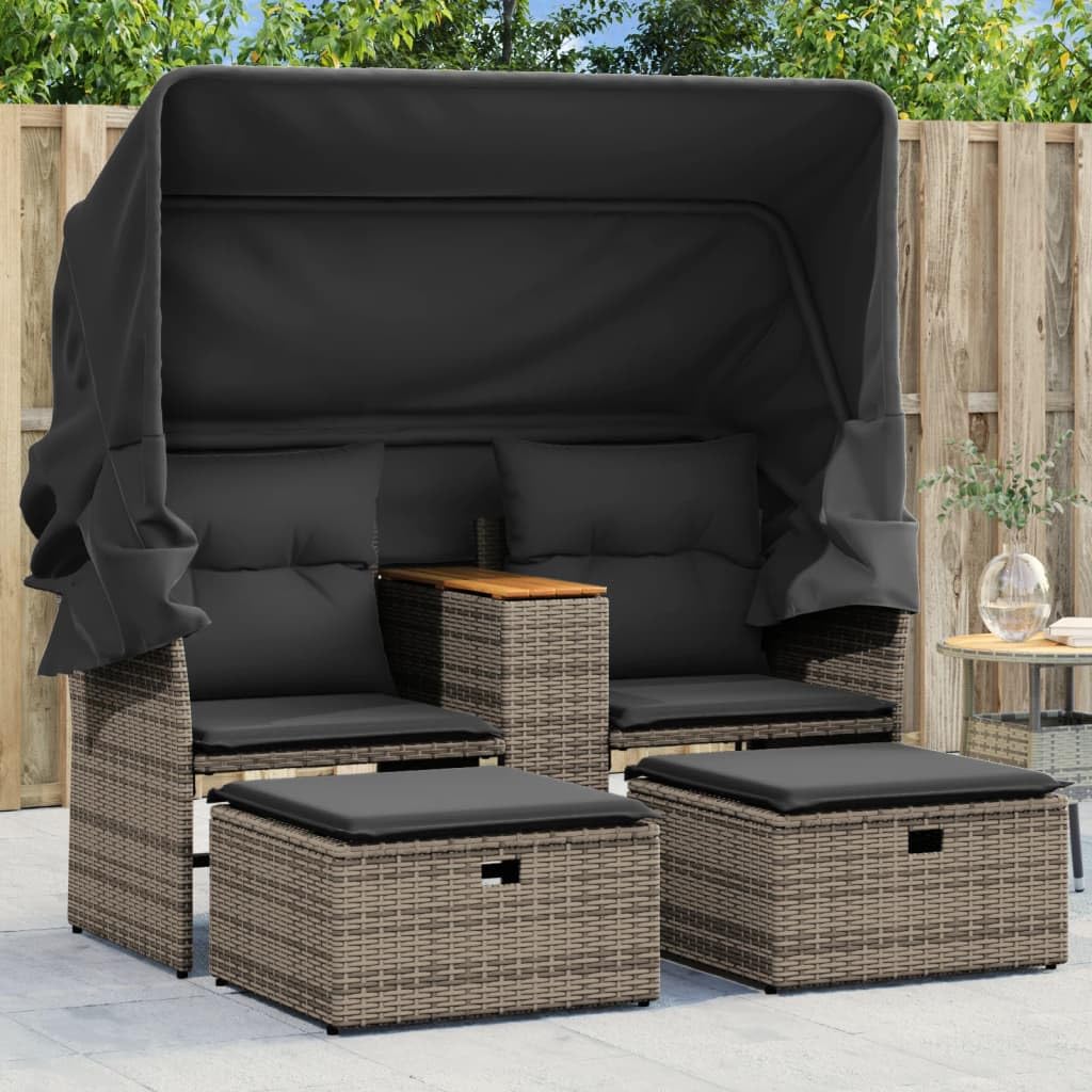Divano da Giardino 2 Posti in Rattan con Tettuccio e 2 Poggiapiedi | Set modulare da esterno per terrazzo e giardino con tavolino integrato, cuscini sfoderabili e pouf salvaspazio.