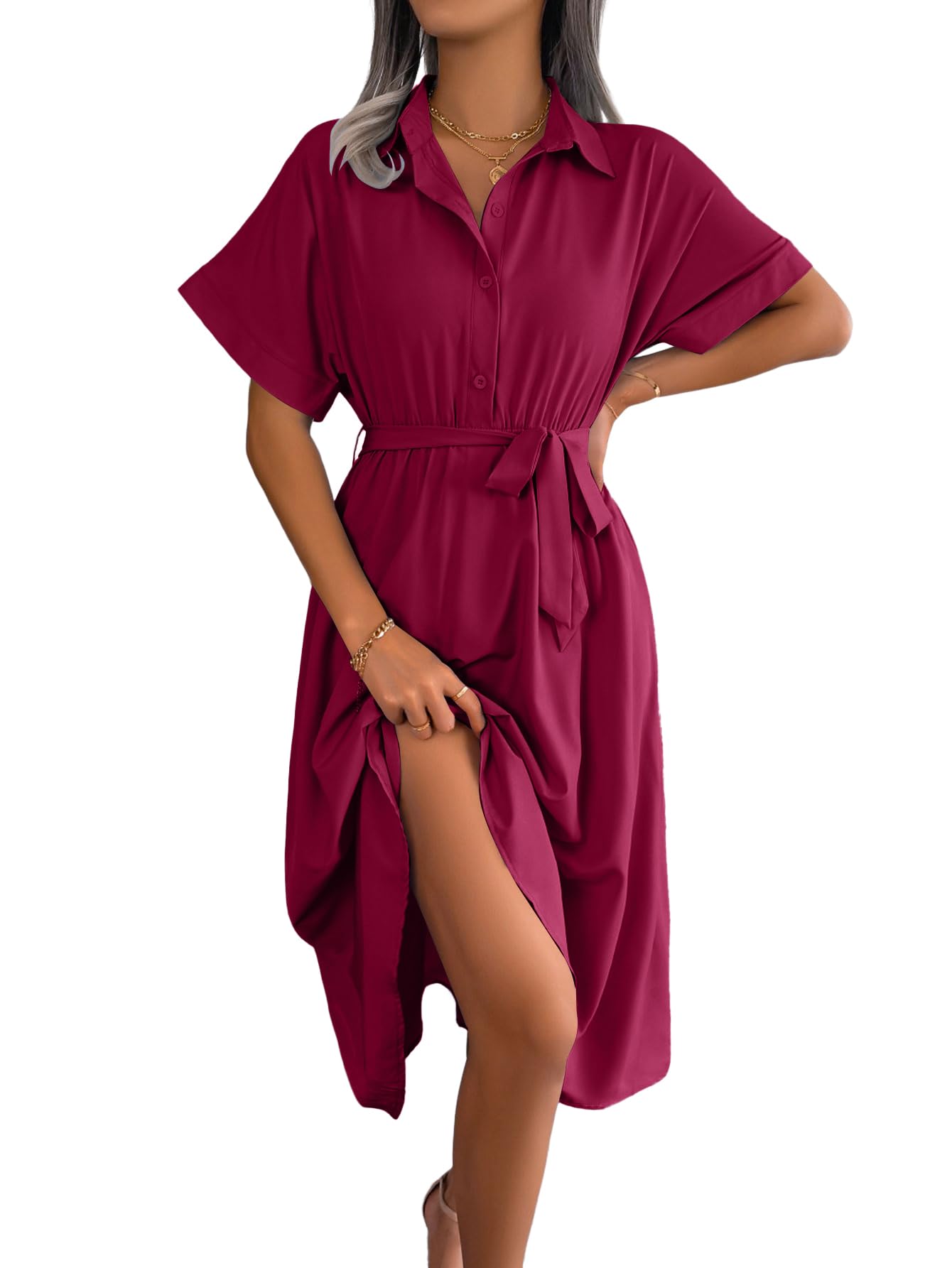 Women's V Neck Button Front Short Sleeve High Waist Belted A-Line Midi ...