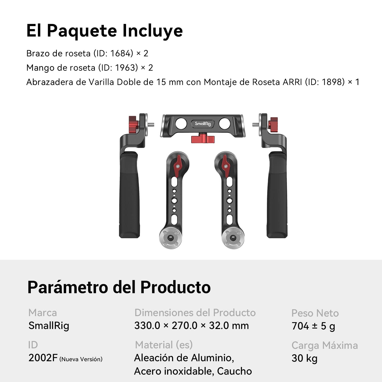 (Nueva Versión) SMALLRIG Rosette Handle Kit con Brazo de Extensión de Rosette para Cámara Shoulder Rig - 2002F