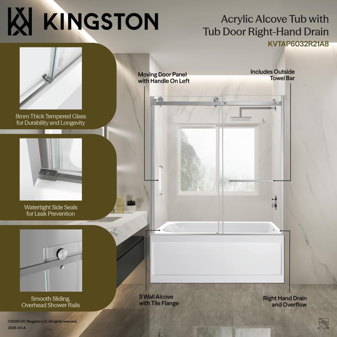 Kingston Brass KVTAP6032R21A0 60" Acrylic Rectangular 3-Wall Anti-Skid Alcove Tub with Tub Door, Right Hand Drain, White/Matte Black