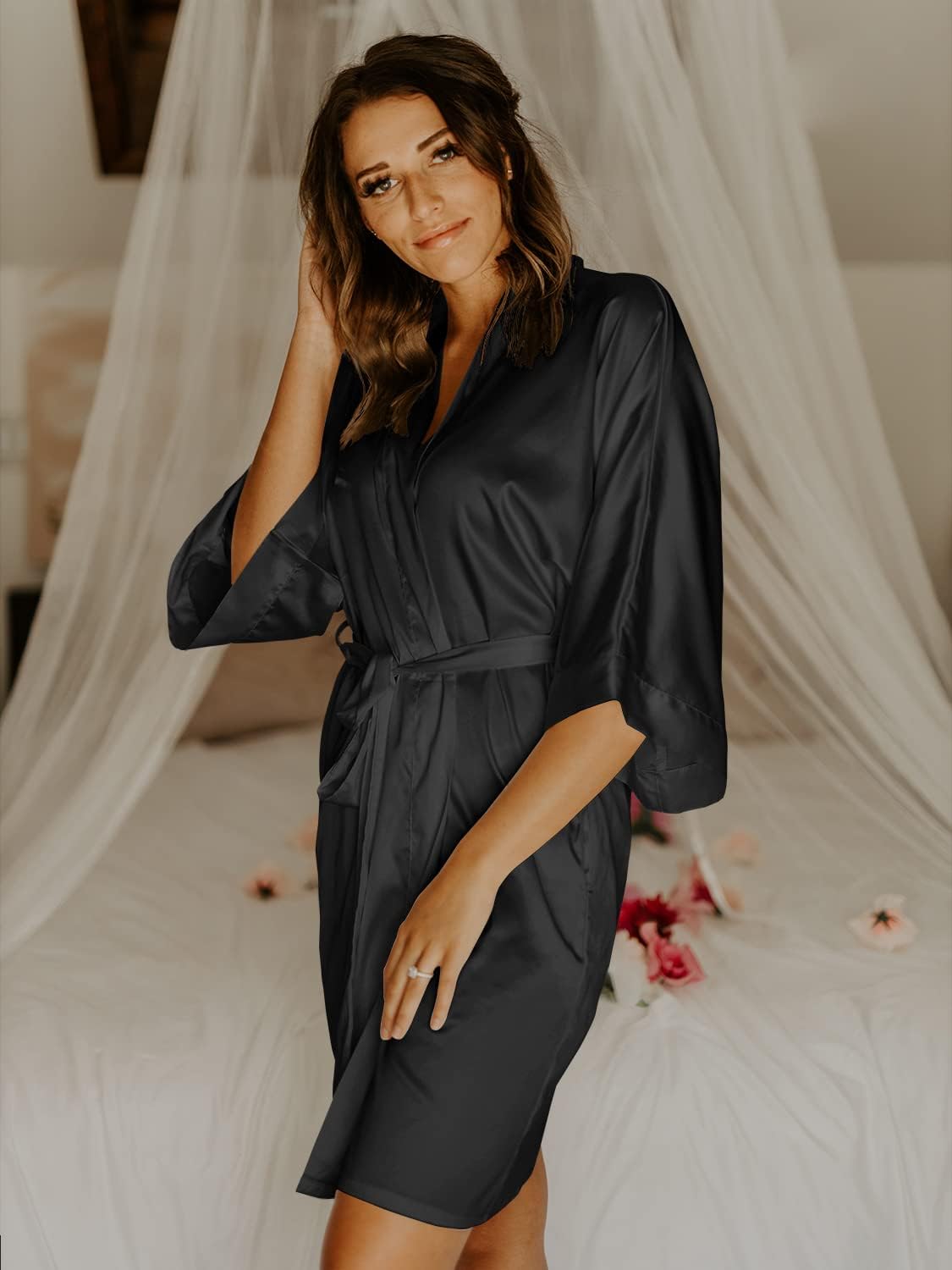 AW BRIDAL Silk Robes for Women, Short Bridesmaid Robes for Bridal Wedding Party, Bride Satin Bathrobe with Long Sleeve - Image 8