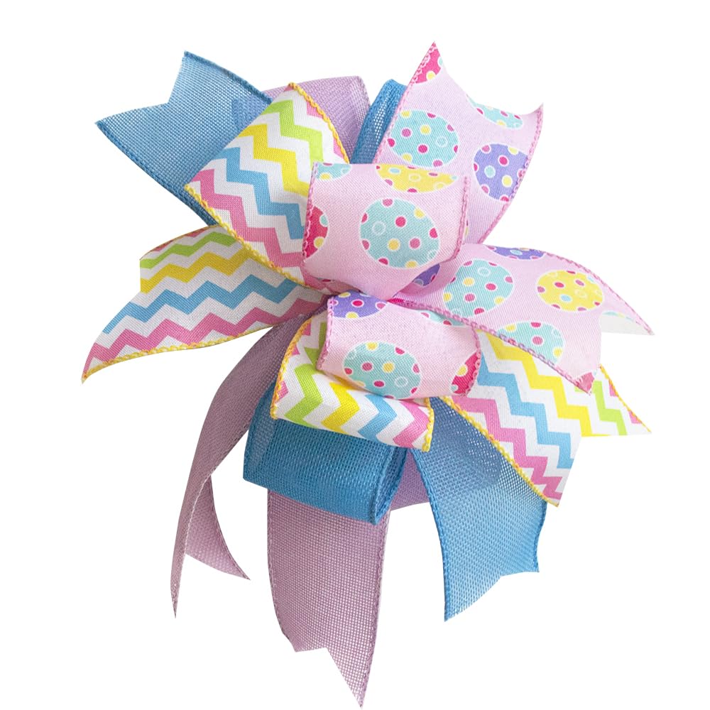 VOZLAC Easter Wreath Bows 10X12Inch, Pre-Tied Striped Easter Egg Wired Ribbon Spring Bow, Tree Topper Bow for Front Door Indoor Outdoor Spring