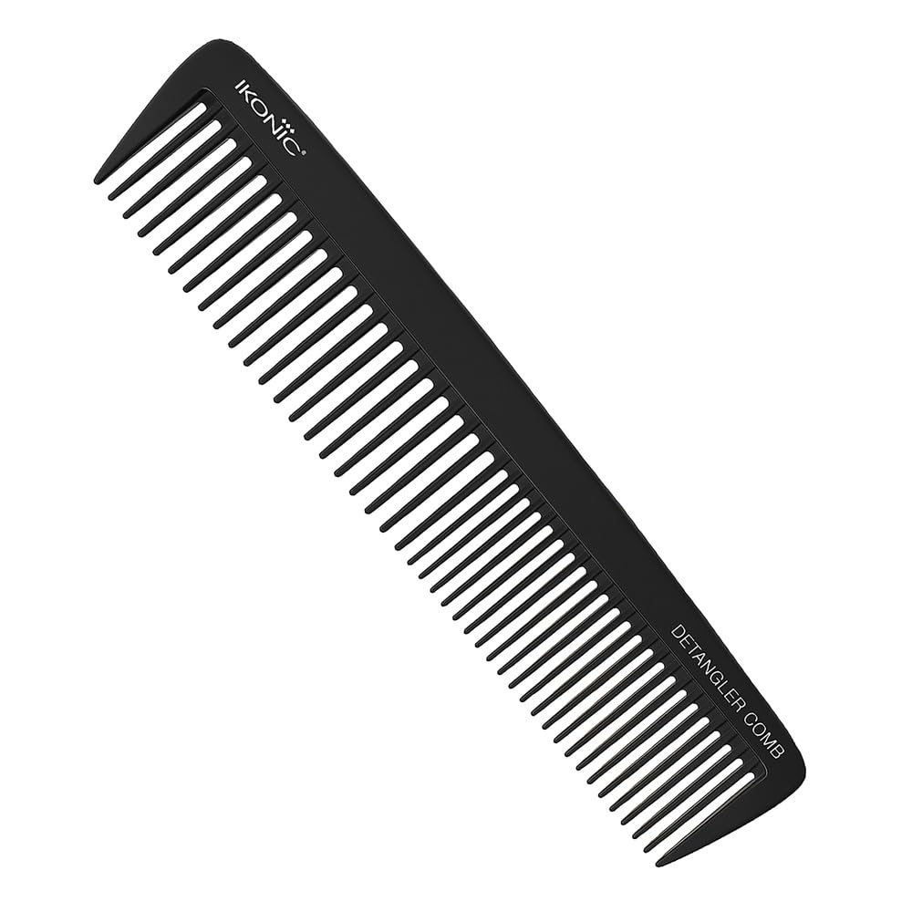 Ikonic Detangler Comb, Carbon Comb, Wide Tooth Hair Comb for Thick & Thin Hair, Anti Static, Lightweight, Heat Resistant, Chemical Resistant, Salon Styling Tool for Men & Women, All Hair Types, Black