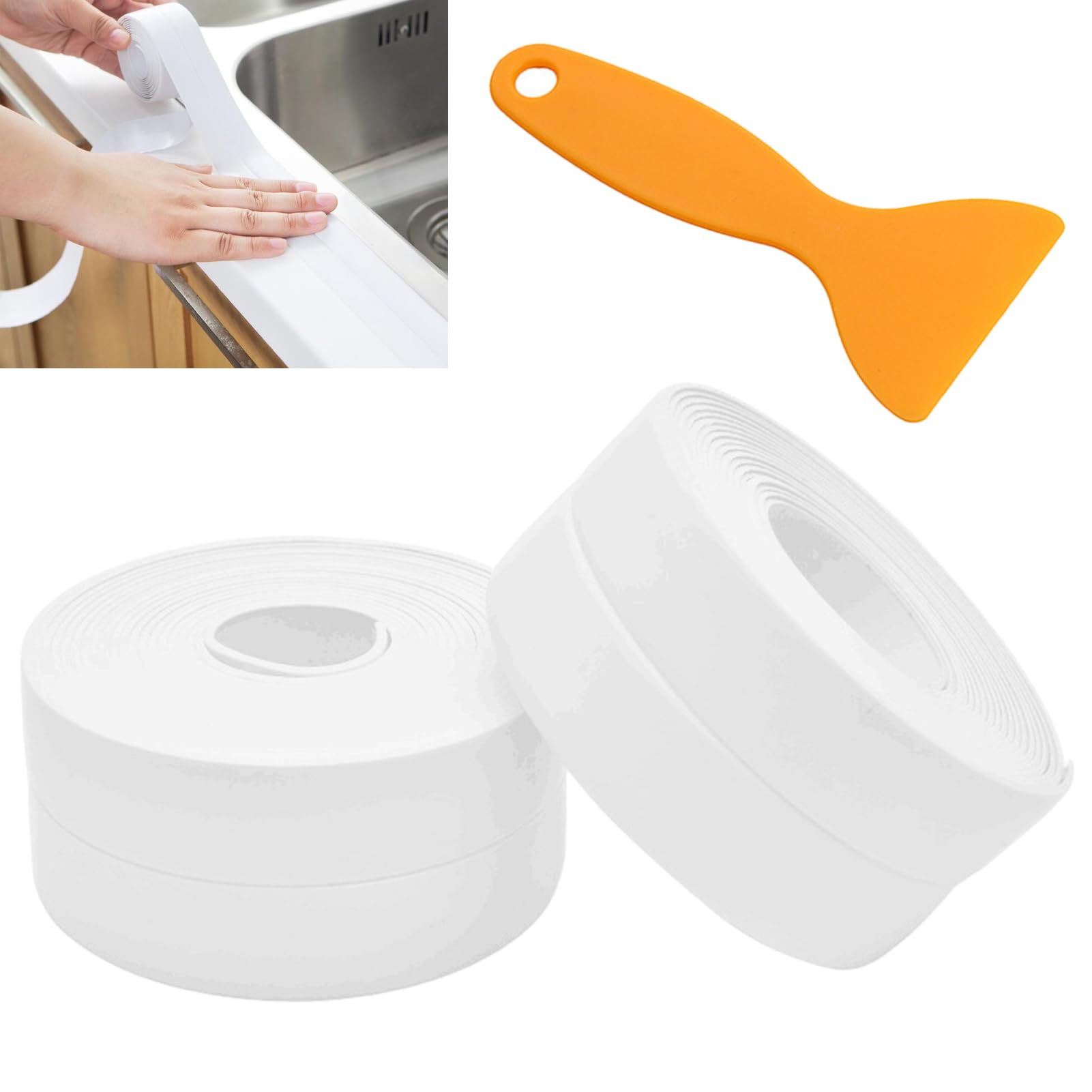 2 Rotoli Nastro Sigillante Autoadesivo, 3,2 m x 2,2 cm, Battiscopa in PVC Morbido, Striscia di Tenuta Impermeabile con Strumento di Tenuta, per Cucina, Bagno, Toilette, Soffitto (Bianco)
