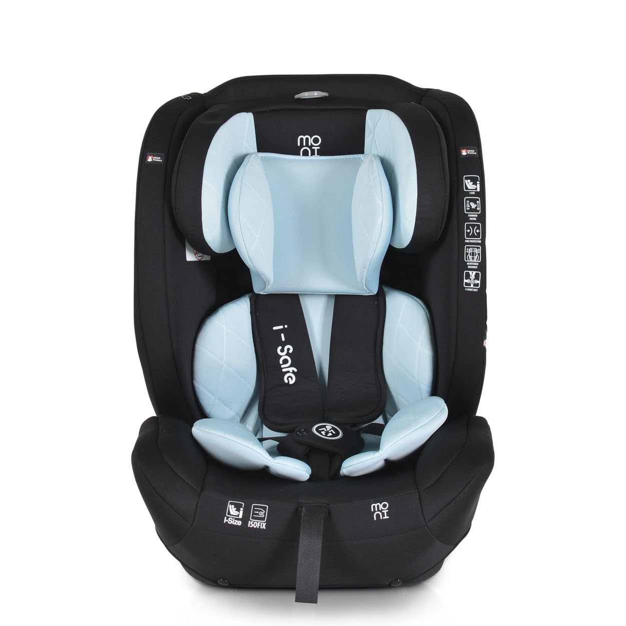 Davant view of Moni i-Size i-Safe Child Car Seat showing the adjustable headrest