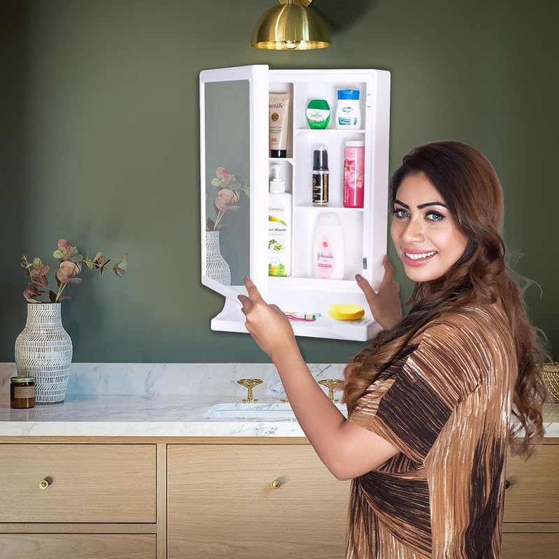 Image of Luxury Bathroom Cabinet with Mirror| Crafted from Premium ABS | Great Looking & Impressive | Durable & Heavy | Multi-Level Storage and Hidden Toothbrush Holder | Makeup Accessories Organizer