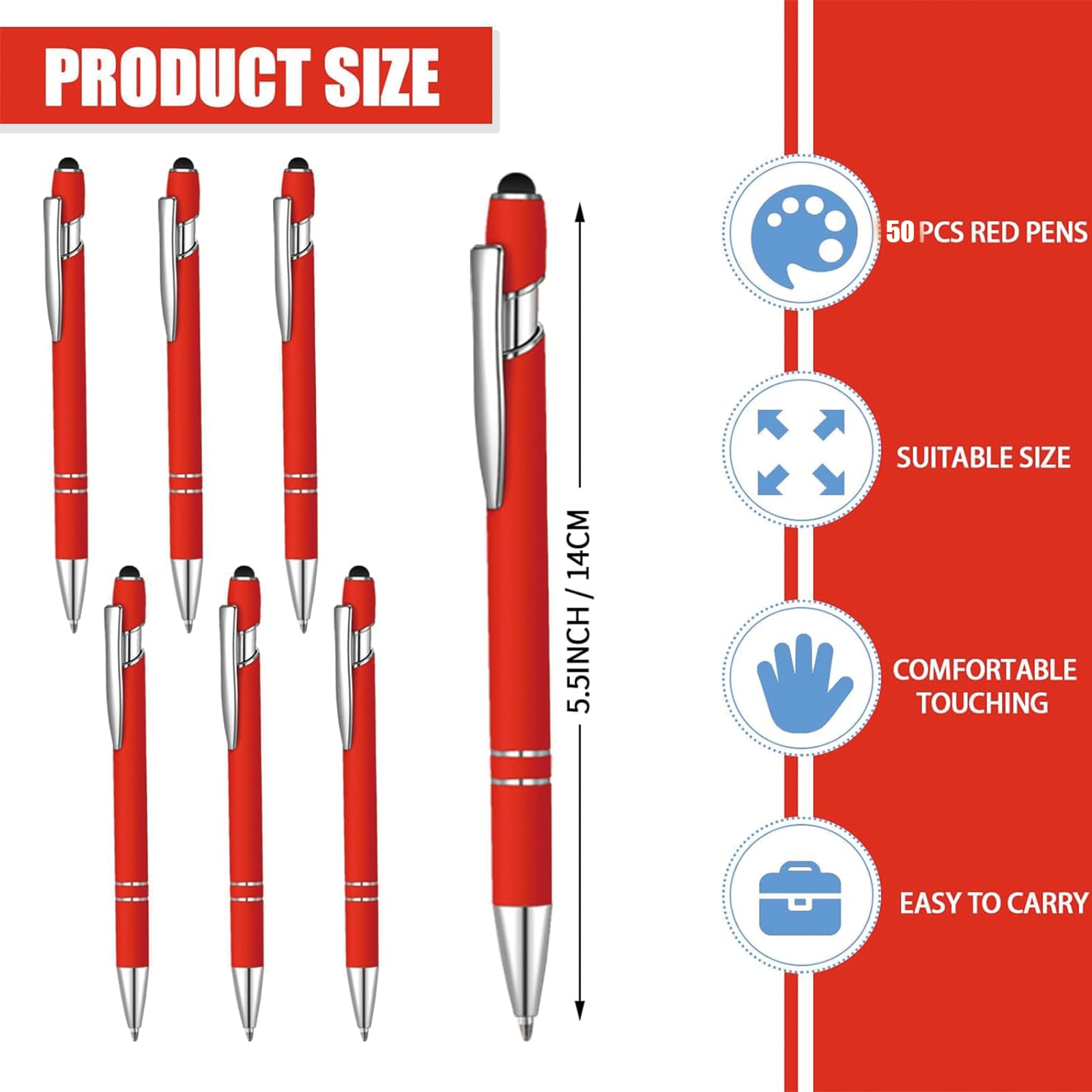 Lot de 50 stylos à bille bleus avec stylet 2 en 1 pour écrans tactiles, stylo de remerciement 2 en 1 pour collègues, collègues, bureau (rouge)