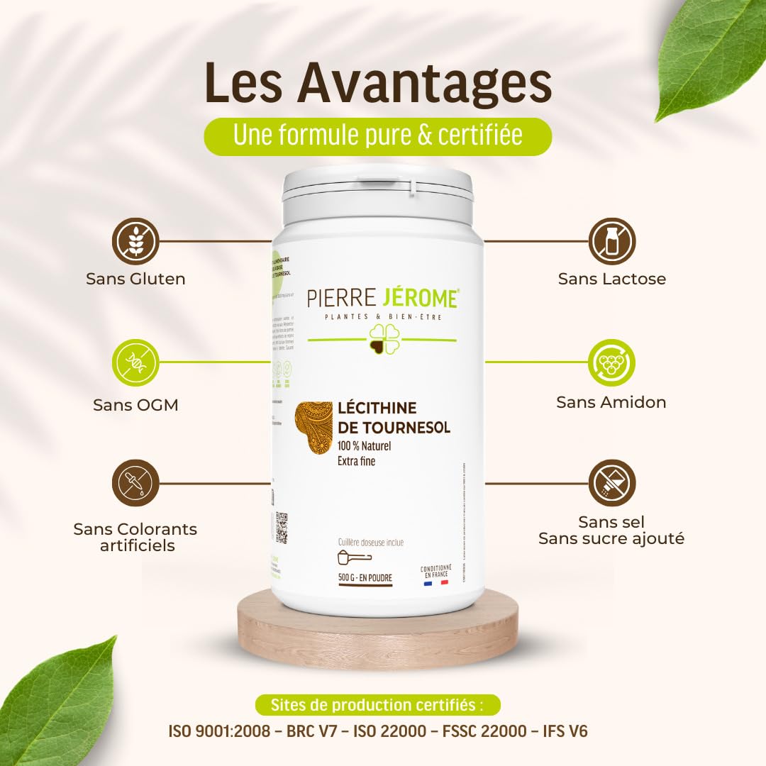 Lécithine de Tournesol en Poudre Pierre Jérôme - 500 G - Complément et Additif Alimentaire à Base de Phospholipides de Tournesol - Foie, Cerveau - 0.5 KG - 500 Jours