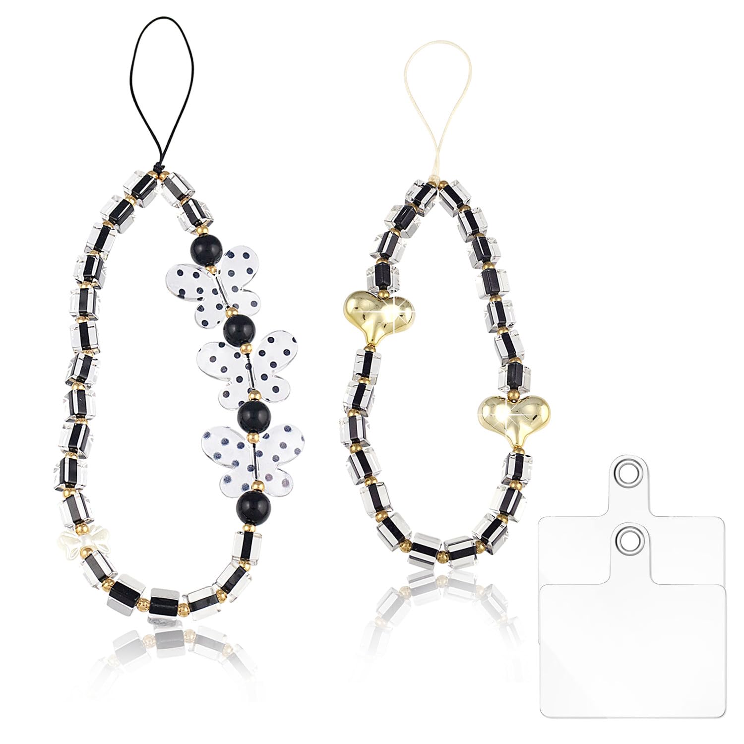 2Pcs Beaded Phone Strap Bracelets, Mobile Phone Charms Crystal Butterfly Heart Hand Wrist Lanyard for Women Girls Phone Keychain Charm