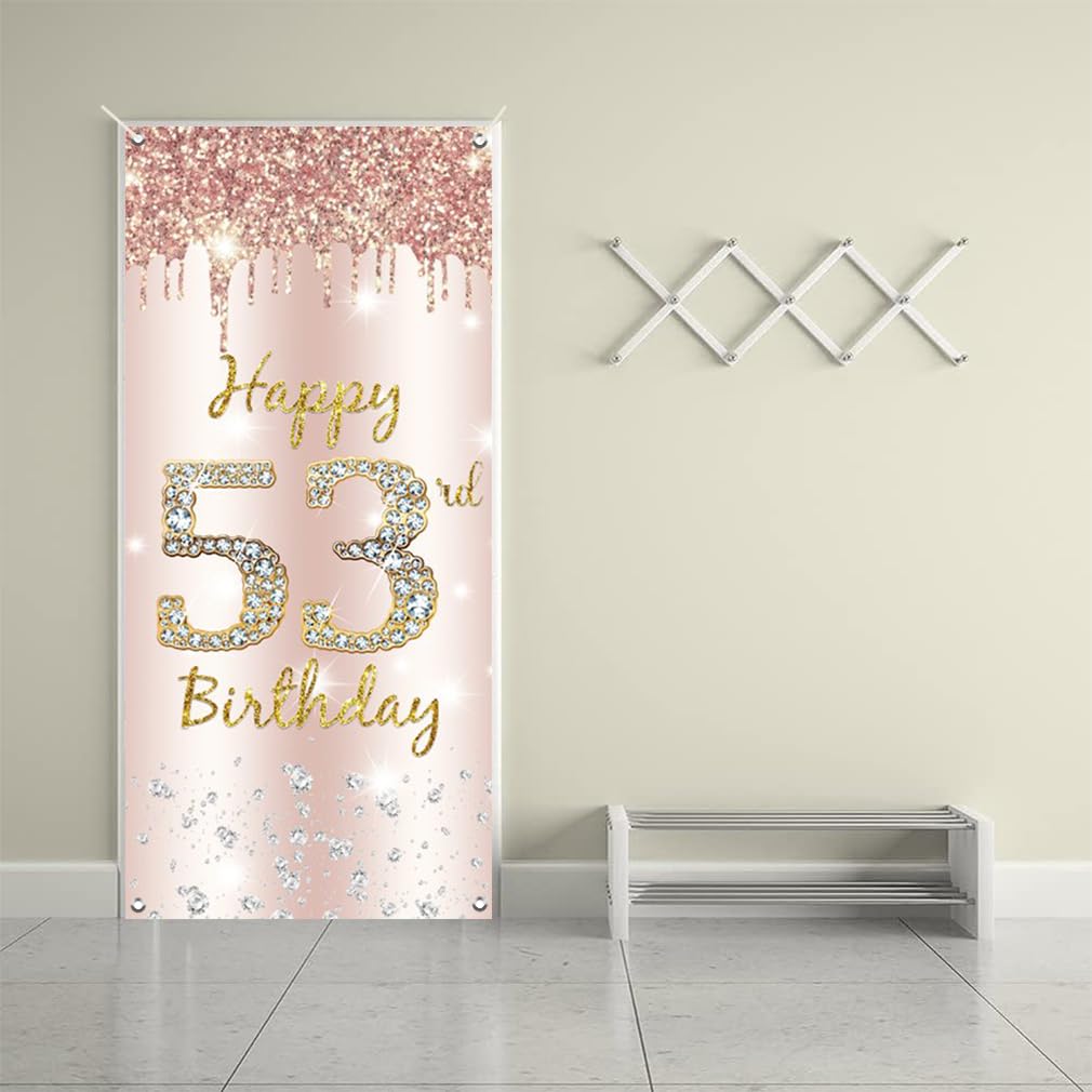 53. urodziny dekoracja damska, Happy 53rd Birthday Door Banner różowe złoto, 53. urodziny tkanina tabliczka plakat dekoracja drzwi, 53. urodziny tło baner damski, przyjęcie urodzinowe tabliczka