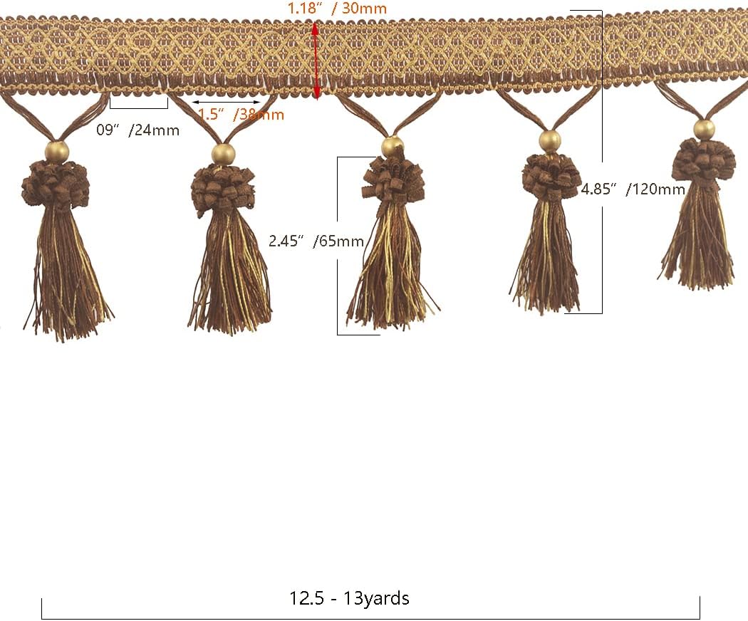 Fringe Tassel Lace Trim 12.5 Yards Braided Hanging Beads Handwork DIY Craft Sewing Accessory Lace for Home Curtain Table Decoration (Dark Coffee with Yellow)