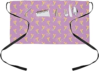 OComster Spring Flower Waist Server Aprons, Hand Draw Yellow Floral Purple Waitress Apron with Pockets, Waiter Half Apron