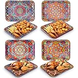 Vesici 4 Pack Mandala Melamine Serving Trays, 13 x 10 Inch Rectangular Decorative Platters with Colorful Bohemian Patterns, Durable Serving Plates for Snacks, Appetizers, Parties & Home Decoration