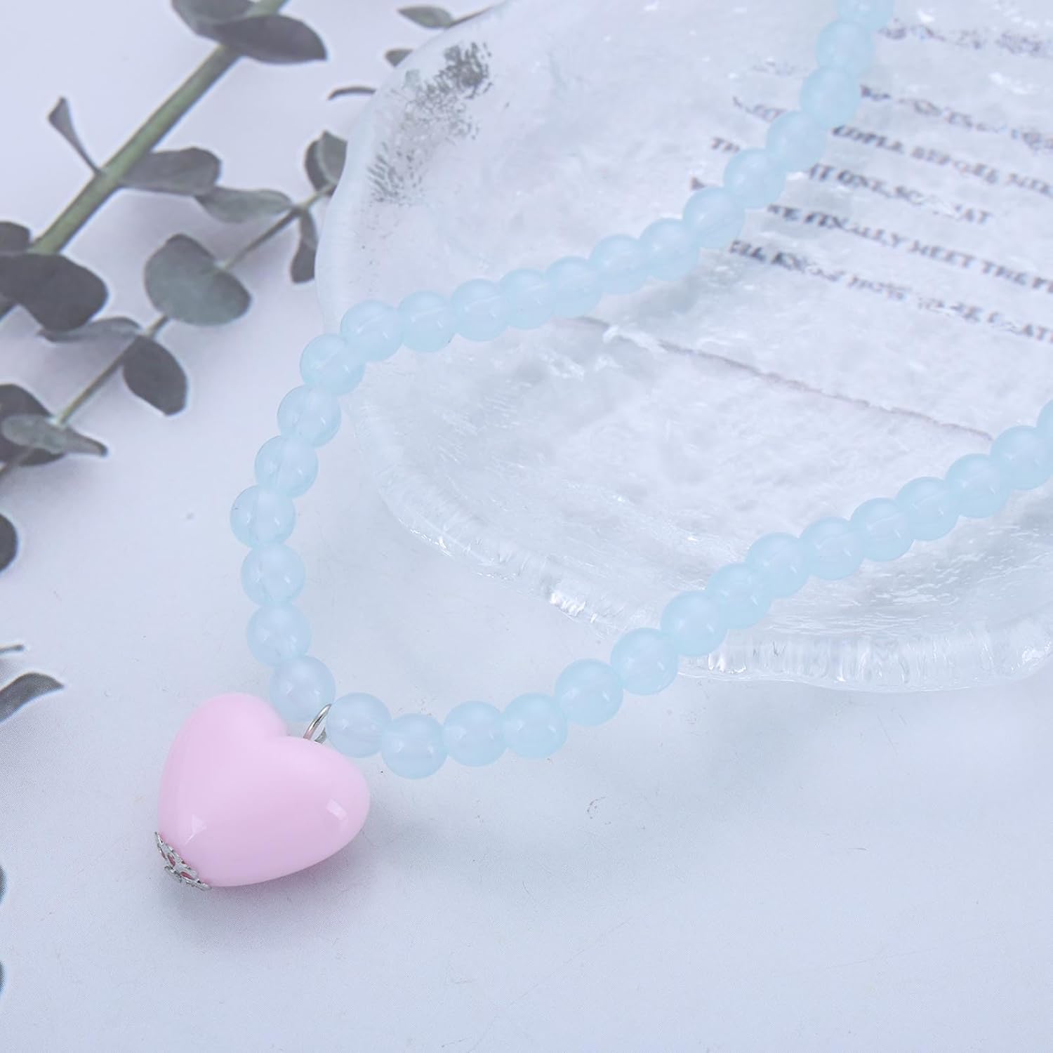 Boho Puffed Heart Pendant Necklace Blue Bead Chain Necklace Pink Resin Heart Necklace Glass Bead Choker Necklace Gemstone Beads Necklace Jewelry for Women - Image 6