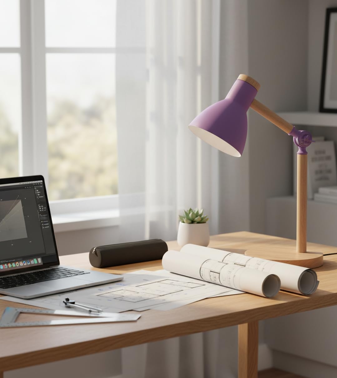 BEL AIR HOME - Lampada da scrivania TEACHER - metallo e legno - 1xE-27- design moderno ed elegante - ideale per ufficio e studio -VIOLA (Lampadina Non Inclusa)