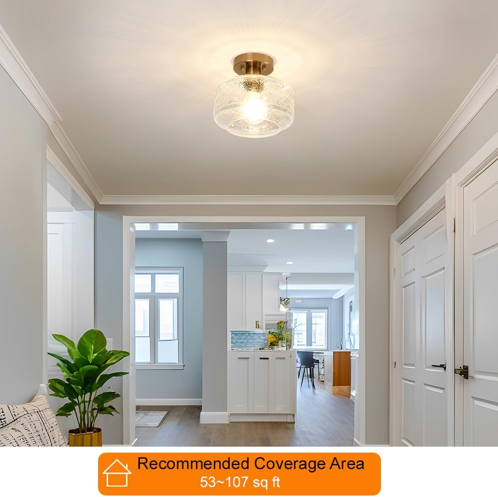 DSMJFU Semi Flush Mount Ceiling Light, Vintage Small Ceiling Light Fixture, Thickened Glass Hallway Lighting Fixture, Brass Kitchen Ceiling Mount Light for Entry Way, Bedroom, Bathroom, Porch Gold