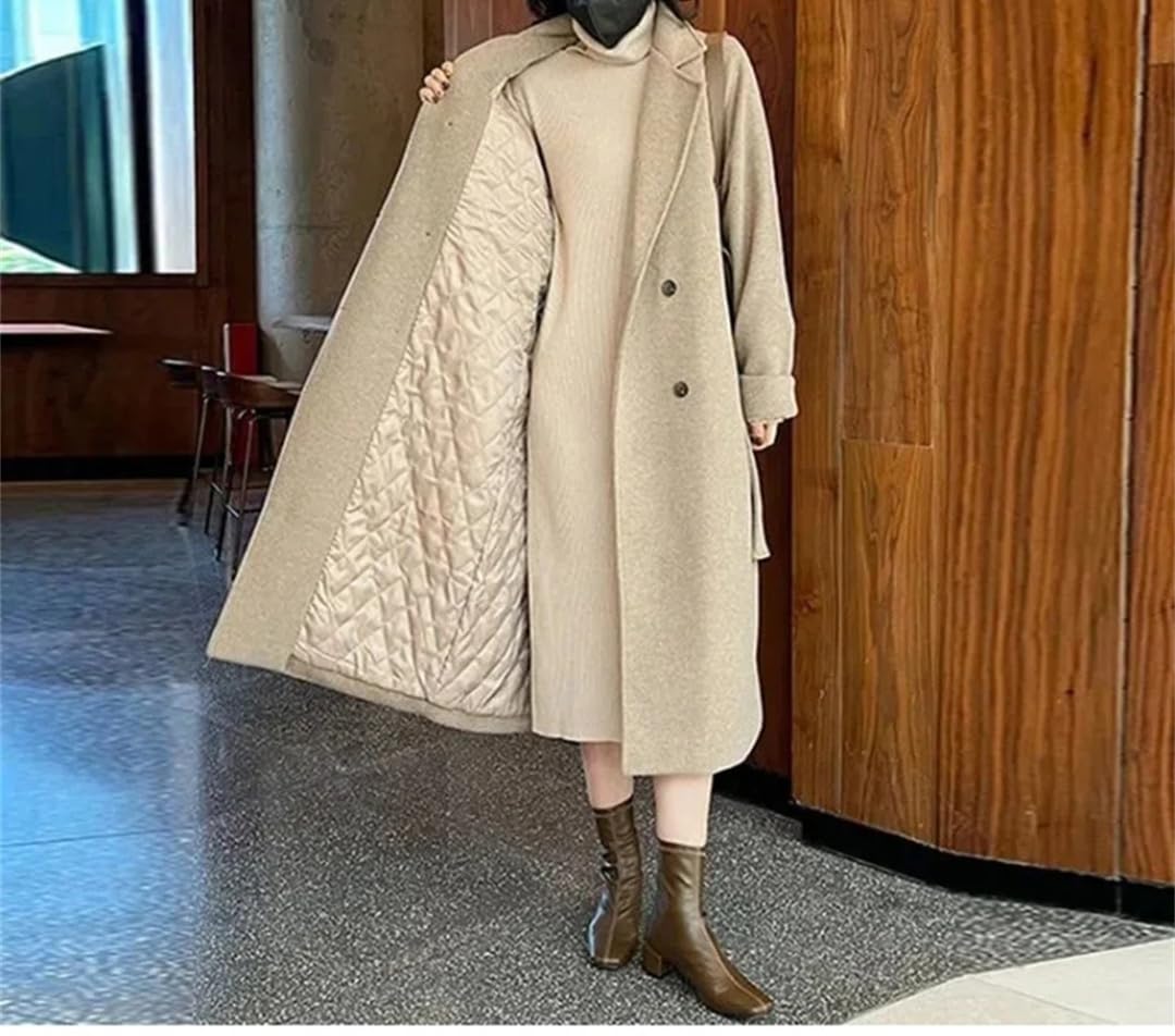 Abrigo de lana de moda para mujer, abrigo de invierno con doble botonadura, cinturón delgado, chaqueta larga de lana, abrigo cálido para mujer