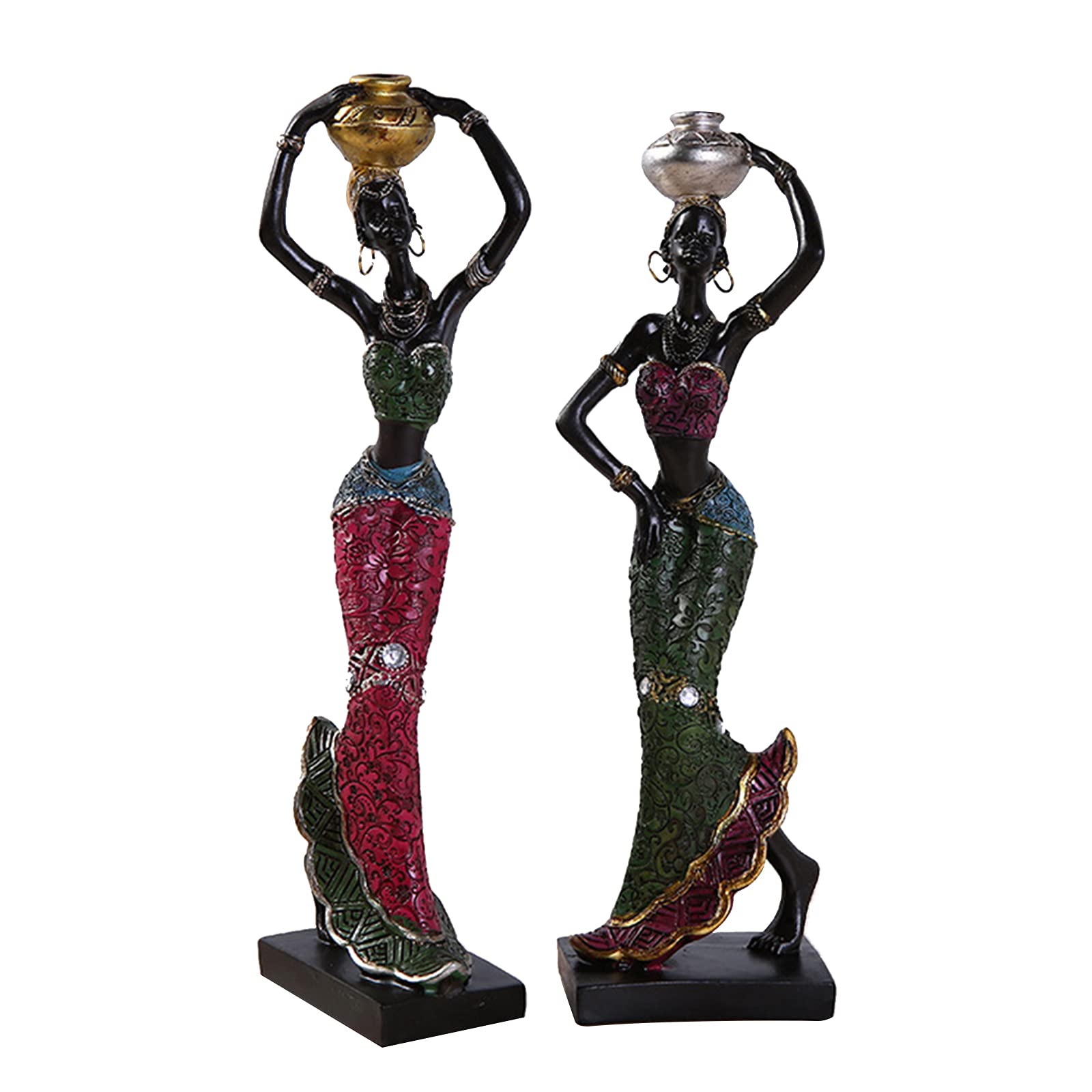 Juanxian 2Pcs Resin African Sculpture Tribal Lady Figurine Statue Decor Collectible Art Creative Crafts Dolls Ornaments Black Women Candle Holder Vintage Gift W4547-Standing
