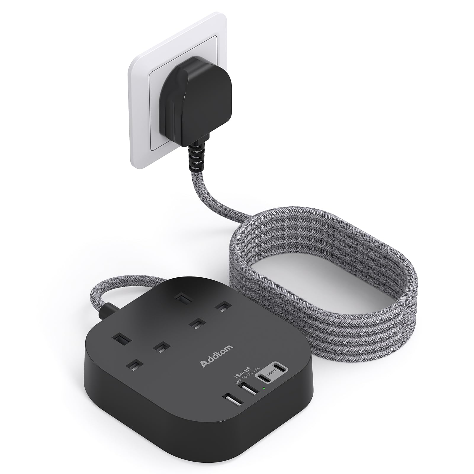 Extension Lead, Power Strips with 2 Way Outlets 4 (4.5A, 2 Type C and 2 USB-A Port) Surge Protection Plug Extension Socket with 1.6 Meter Braided cord for Home Office (Black) — image 1