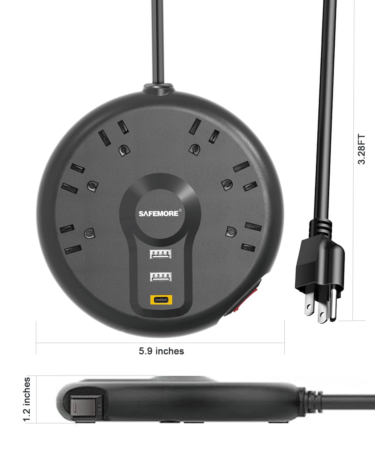 Cruise Approved Power Strip with 3 USB Ports(2 USB A Ports & 1 USB C PD18W), SAFEMORE 6 Outlets Plug Extender (Black 1, 3.28FT)