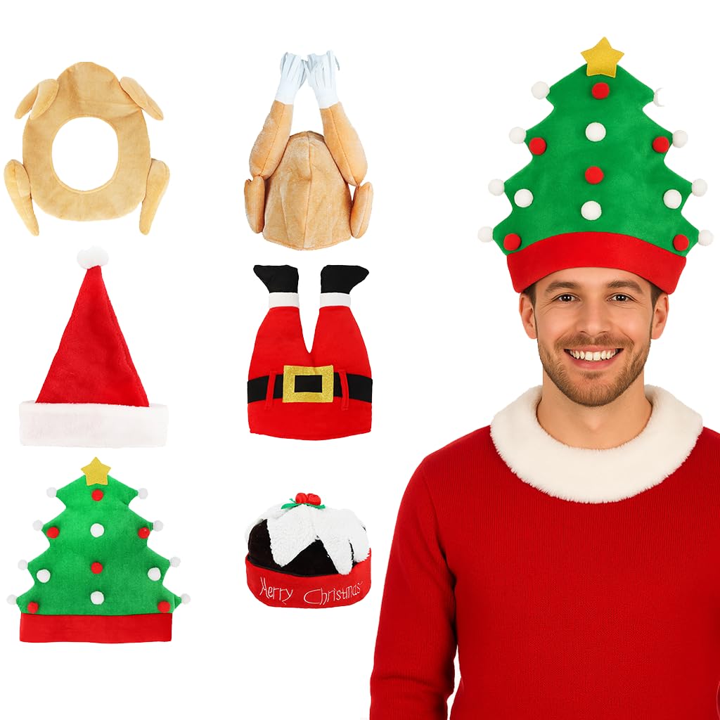 HENBRANDT Christmas Novelty Hat Collection - 6 Assorted Adult Festive Party Headwear Designs - Santa, Pudding, Elf & Xmas Tree Fancy Dress Costume Accessories