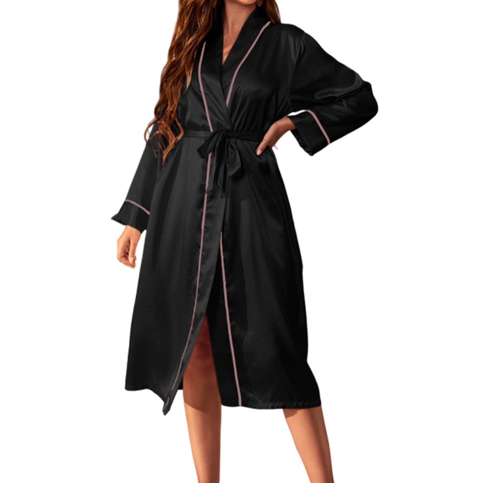 Womens Silk Robes Satin Kimono Robe Long Sleeve Bathrobe Sexy Bridal Bridesmaid Wedding Party Sleepwear with Belt