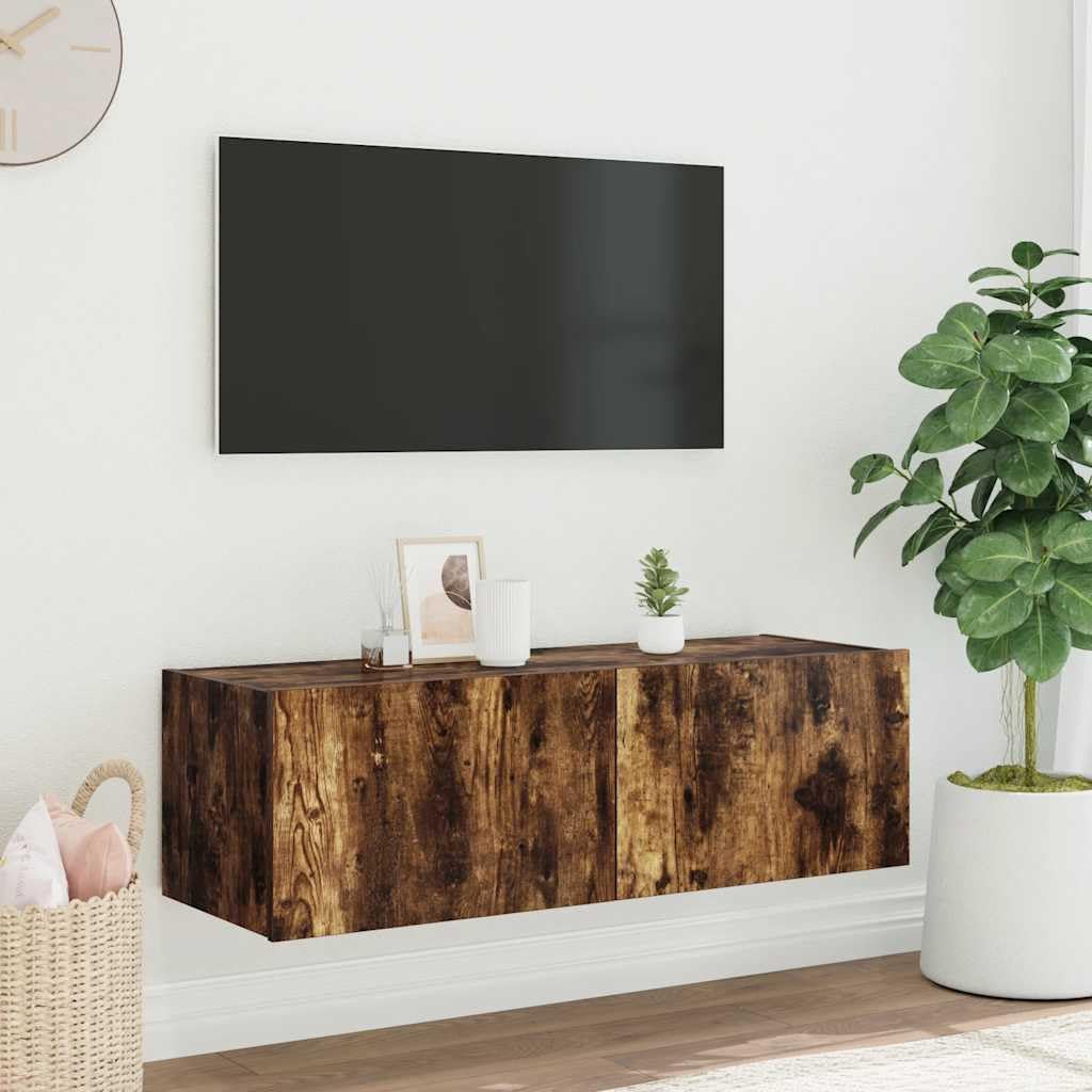 Szafka pod telewizor naścienny z lampkami LED dębowym dymnym 100 x