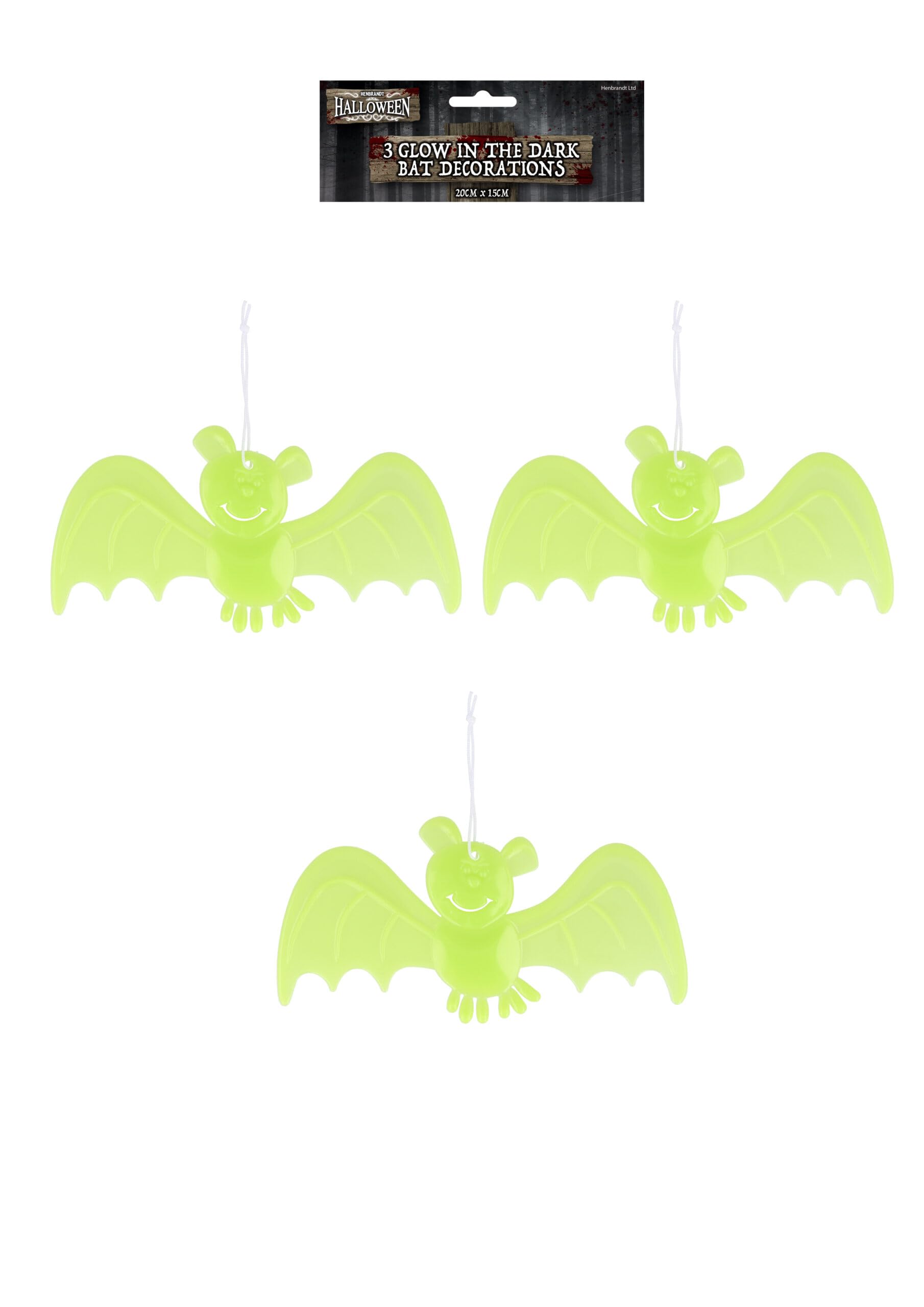 Henbrandt Multicolor Single Pack Of 3 Glow In The Dark Hanging Bats Haunted House Decoration Trick Or Treat Party Bag Fillers Halloween Loot Bag Lucky Dip Favours Hanging Bat Decorations