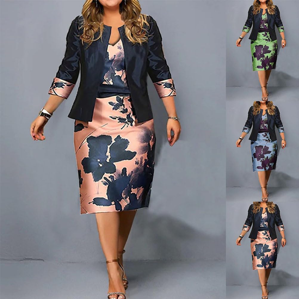 shownicer Vestito Due Pezzi Donna Elegante Bodycon Vestiti Maniche 3/4 Stampe Abiti al Ginocchio Taglie Forti Vestiti da Festa Cerimonia Cocktail