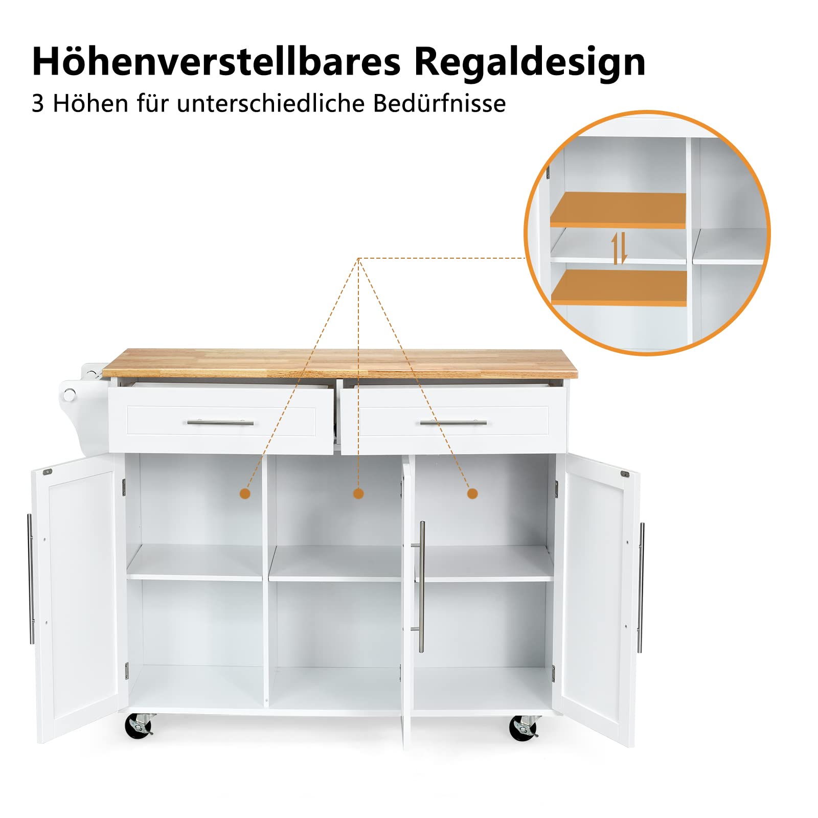 RELAX4LIFE Carrito de Cocina de 3 Puertas con 4 Ruedas, Carro de Servicio con 2 Cajones y 6 Estantes, Carrito Auxiliar con Toallero para Cocina y Baño, Madera Maciza, 122x40x93cm, Blanco