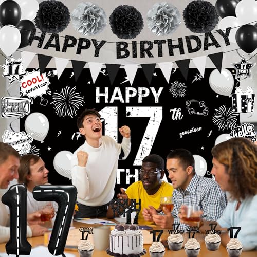 Image of Holkcog 17th Birthday Decorations for Boys Girls, Black 17th Birthday Decorations Supplies, 17 Number Ballons Gifts, Black Glitter Bruh I'm 17 Cake Topper Cupcake, Bro I'm 17 Party Backdrop Banner