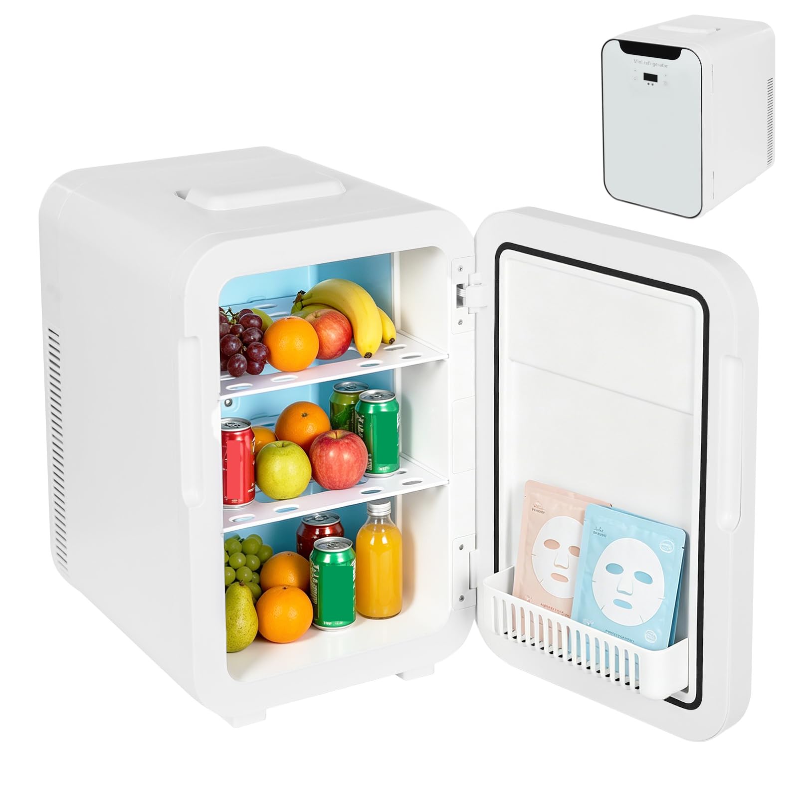 Mini Kühlschrank 20L, Multifunktionaler Minibar mit Kühl- und Heizfunktion, LED-Digitalanzeige, Temperaturregelung, 2 Ausnehmbare Einlegeböden, für Auto, Camping, Kosmetik und Getränke