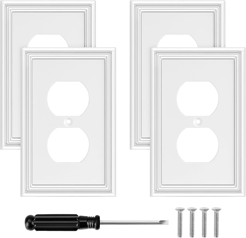 4 Pack White Modern Decorative Electrical Outlet Covers Wall Plate | Bamboo Fiber Material Switch Plates and Outlet Covers, 1 Gang Wall Plates for Duplex Receptacle, with Screwdriver & Screws