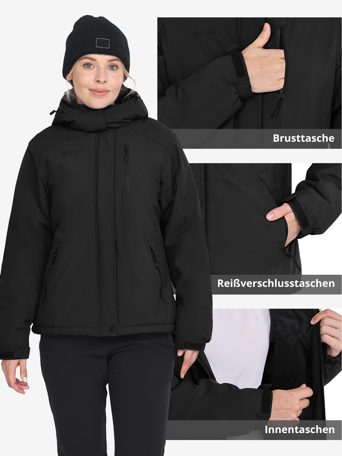 OutPro Winterjacke Damen Wasserdicht Skijacke Snowboardjacke Hooded Warm Dickes Gänsedaunenfutter Doppelte Seitentaschen Wanderjacke mit Reißverschluss für Outdoor-Aktivitäten