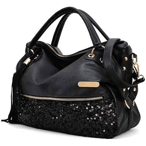 Women's Leopard Print Black Purse Handbag Hobo Style Sequin PU Leather Shoulder Bag