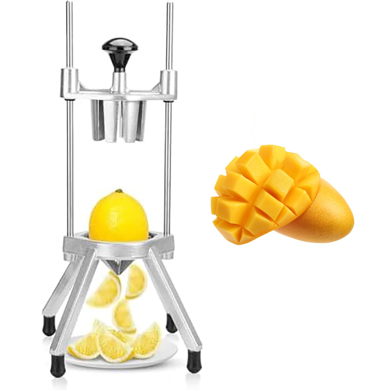 Cortador manual de frutas y verduras, cortador de limón de 6/8 secciones con soporte de aluminio y pie antideslizante, herramienta de cocina rápida para uso doméstico, fácil de lavar y ahorra espacio