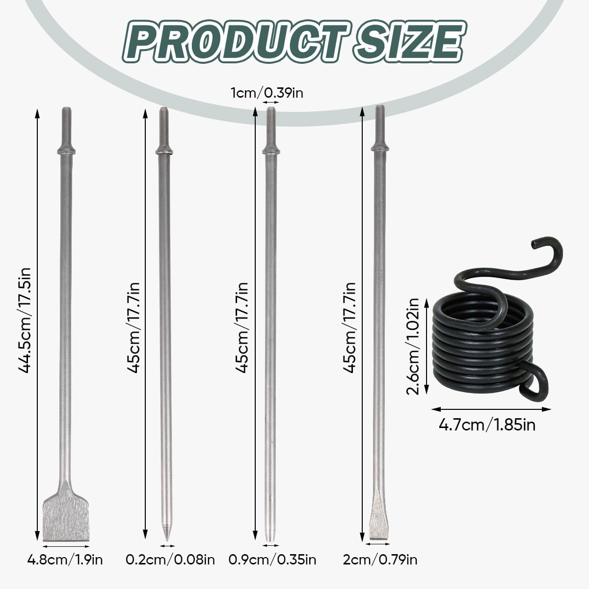 4Pcs Air Hammer Chisel Bits, 17.7 Inch Long Air Flat Chisels, Pneumatic Cold Chisel and Taper Punch, 2 Inch Wide Air Scraper Hammer Attachments for Concrete and Tile (17.7 Inch)