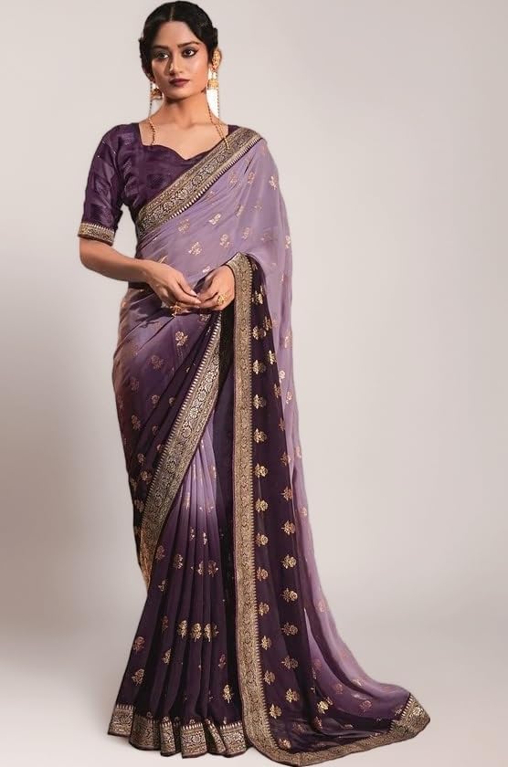 SIRIL Women's Lace & Foil Printed Georgette Saree with Unstitched Blouse Piece