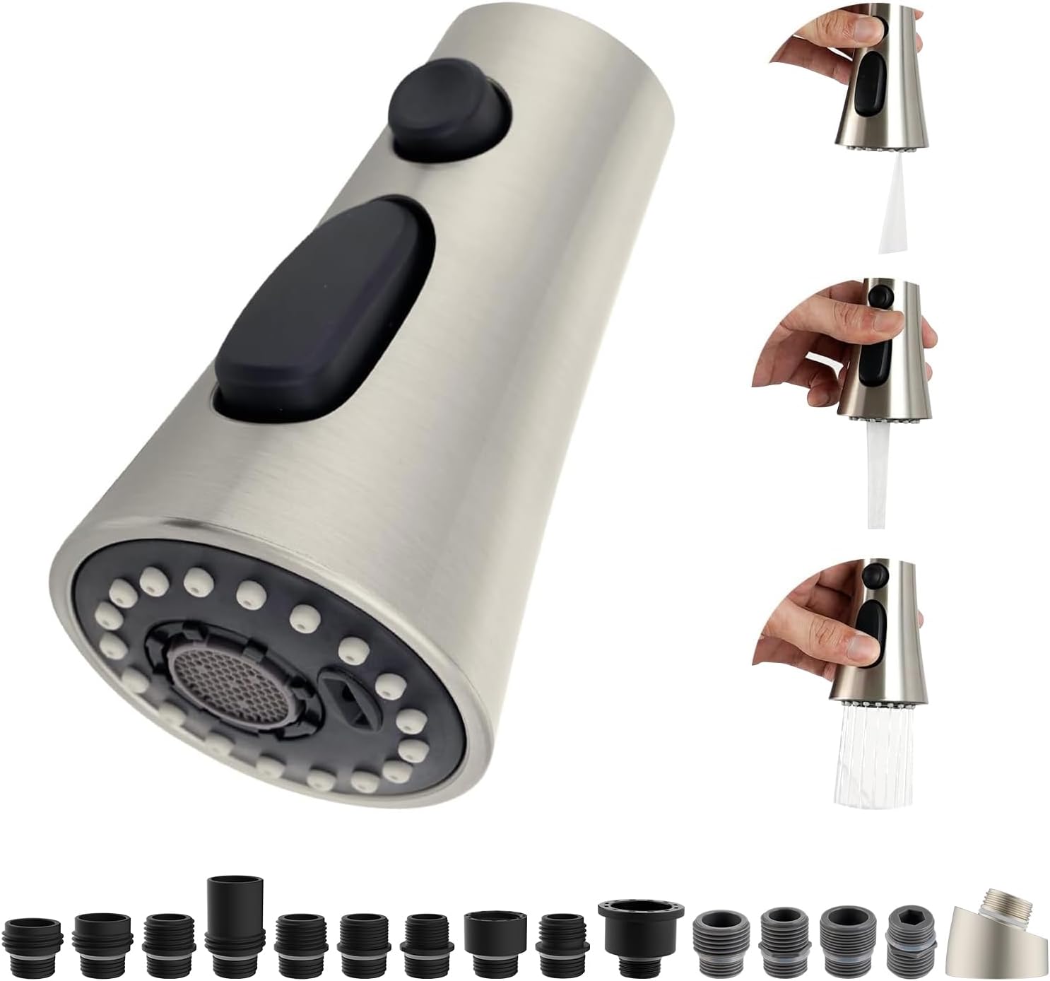 Hibbent Kitchen Sink Faucet Head Replacement, 3-Function Pull Down Sprayer Nozzle with 15 Adapters, Compatible with Delta, Kohler, American Standard, Moen Faucets, Brushed Nickel