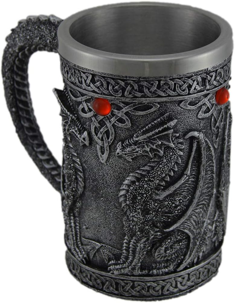 Gothic Dragon Decorative Tankard, Blackened Silver Resin Mug with Red Cabochons, Celtic Knot Detailing, Medieval Fantasy Cup, Break Resistant, 5.5" High, Unique Gift for Collectors & Dragon Lovers