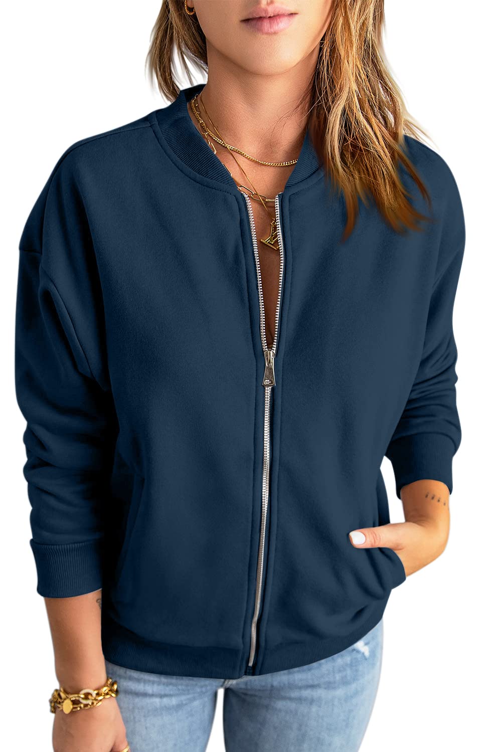 GeGekoko Zip Sweatshirt Damen übergroße Jacket Sweatshirt Einfarbige Loose Langarm Tops Oberteile mit Tasche