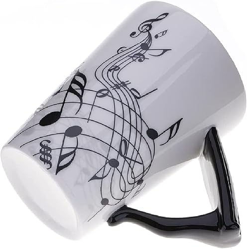 Taza de café de cerámica con patrón de notas musicales de 13.5 onzas con mango 3D, taza de cacao para beber agua, té, tazas de notas musicales