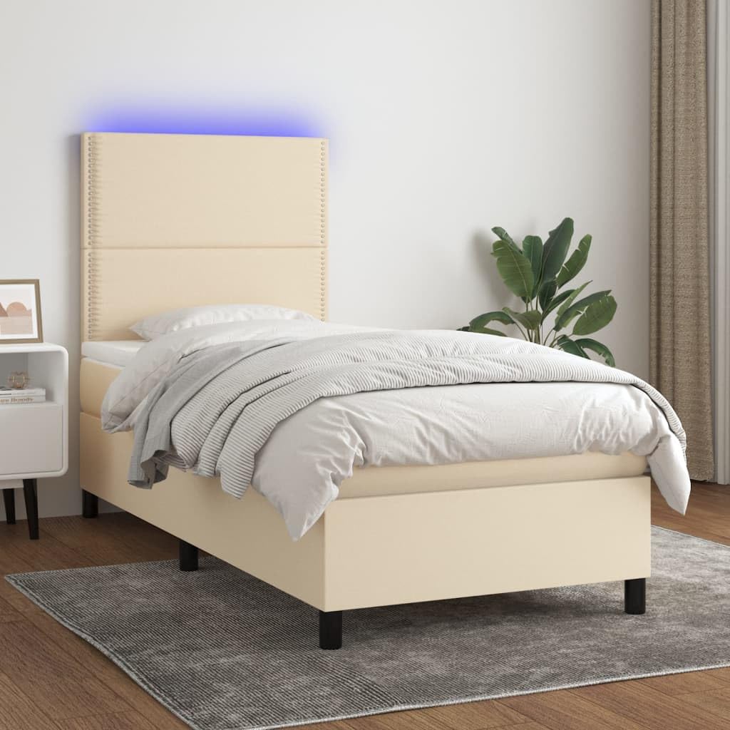 tkanina z regulowanym zagłówkiem i diodami LED kremowy 90x200 cm | Łóżko kontynentalne 90x200 z materacem sprężynowym kremowe z LED regulowanym zagłówkiem tkanina