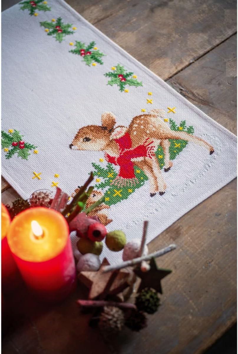 Vervaco Counted Cross Stitch kit tablechloth Hirsch mit Kaninchen, 32x84cm, DIY