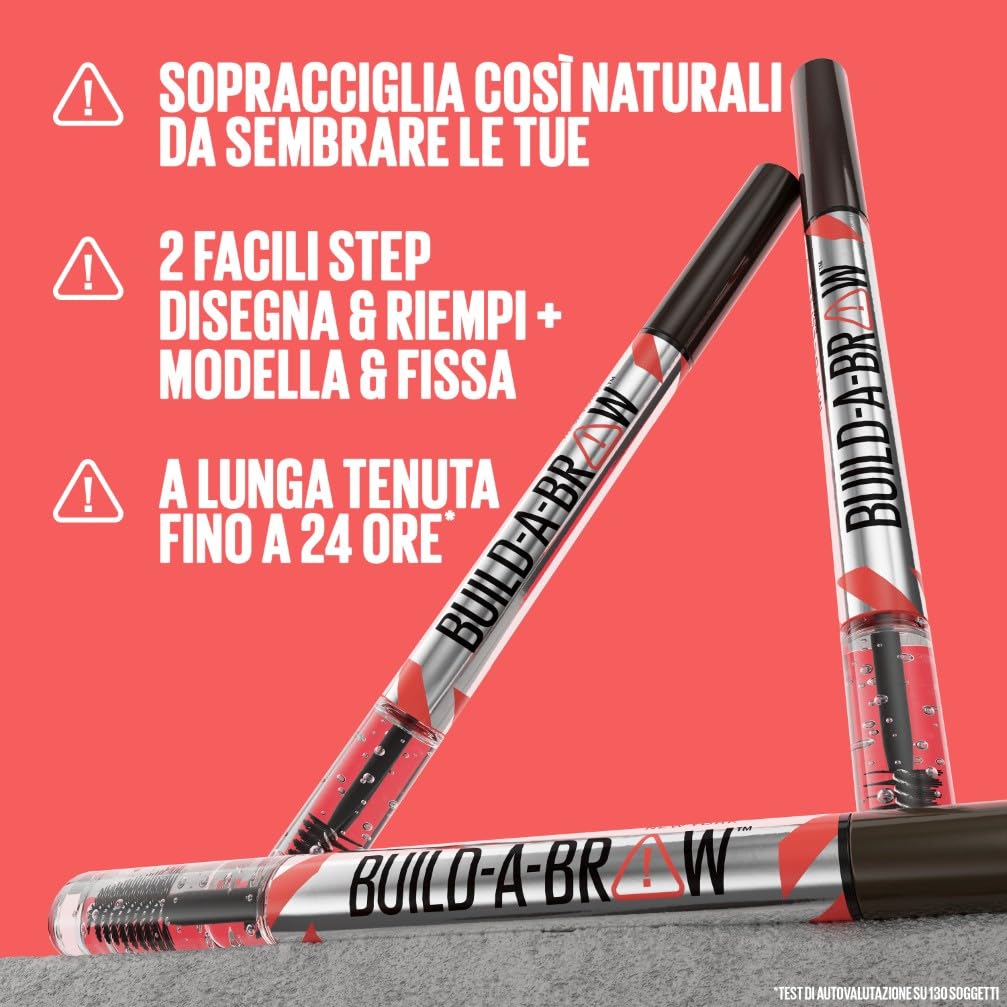 Maybelline New York, 2 in 1 Penna e Gel Sopracciglia, Per Sopracciglia Piene e Naturali, Tenuta Fino a 24 Ore, Waterproof, Formula Vegana, Build A Brow, Tonalità: Deep Brown