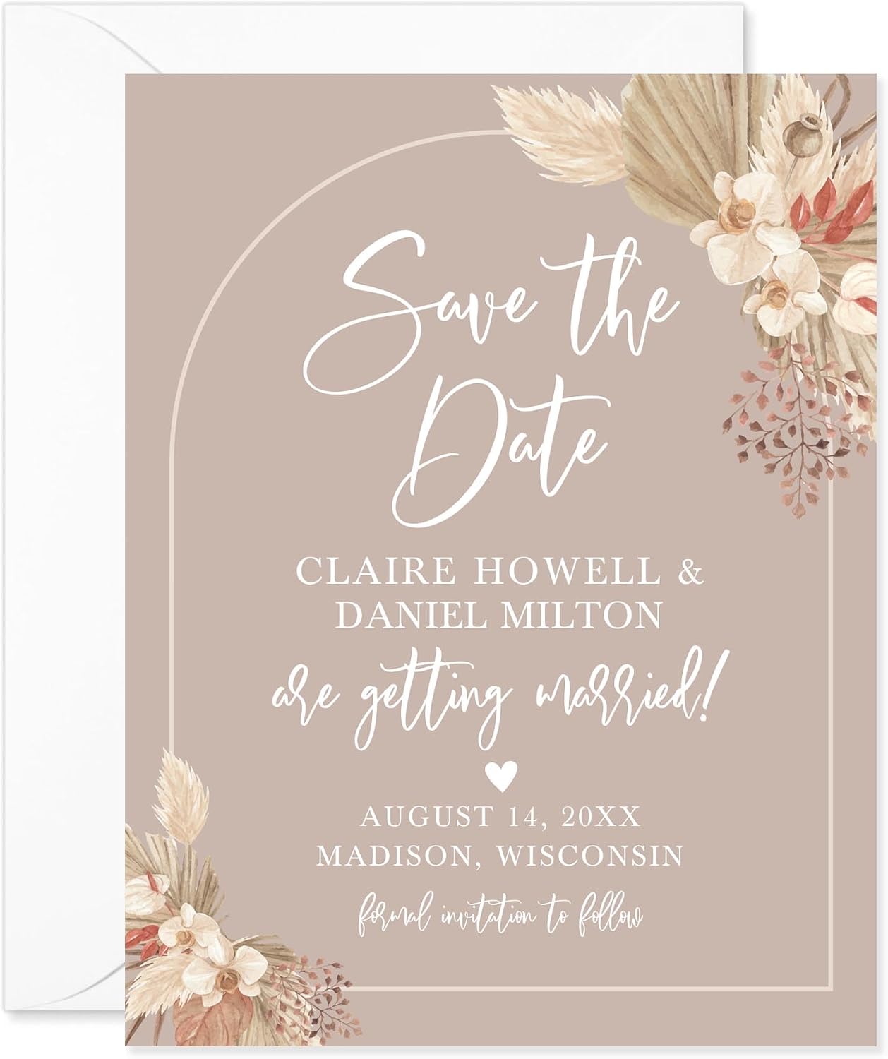 Boho Pampas Grass Save The Date Invitation Cards, 4.25x5.5 Personalized Save The Date Announcements with Names, Envelopes Included