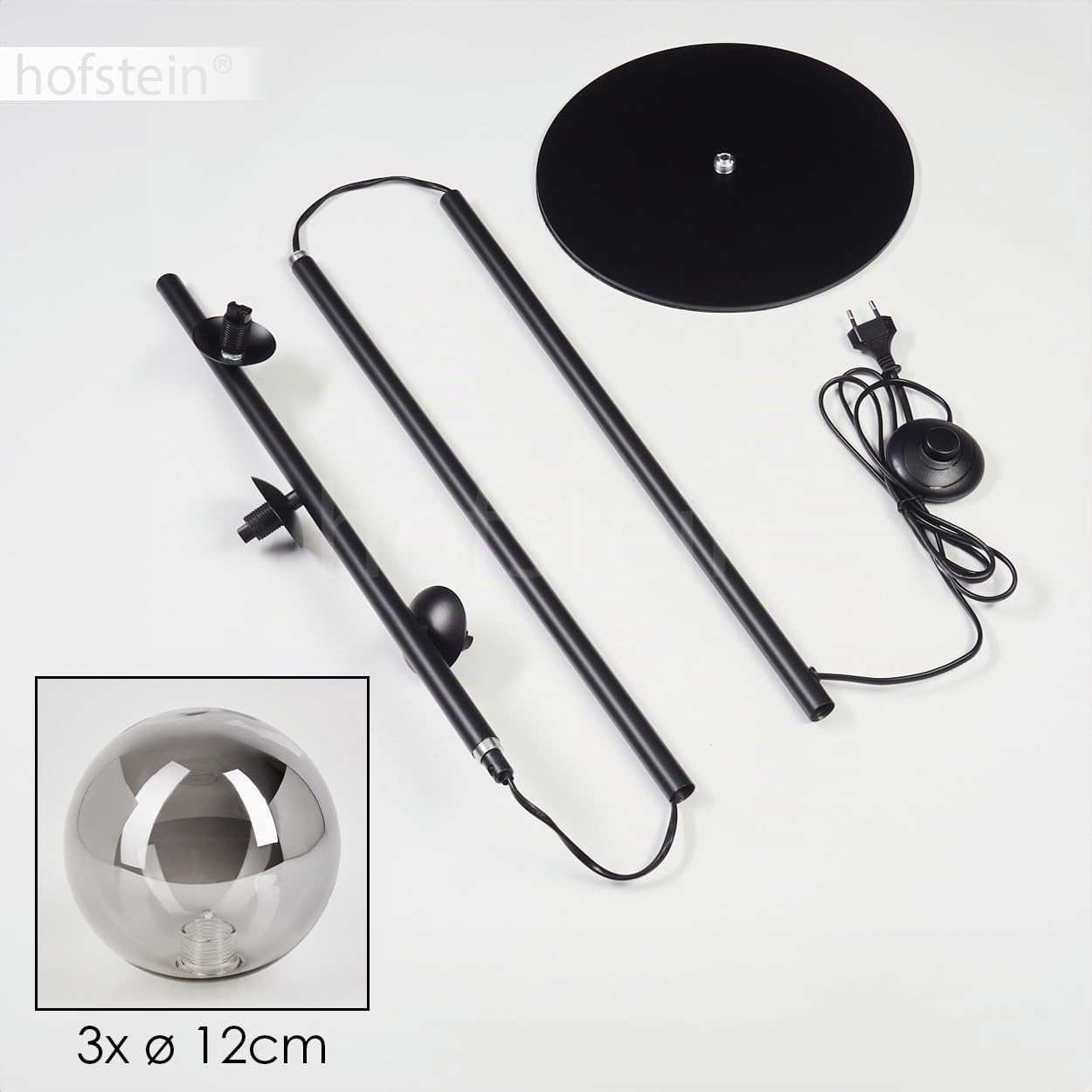 Hofstein Lampada da Terra Moderna in Metallo/vetro Nero/Fumo, con Ombrello in Vetro (Ø 12 cm), con Interruttore a Pedale sul Cavo, 3 x G9