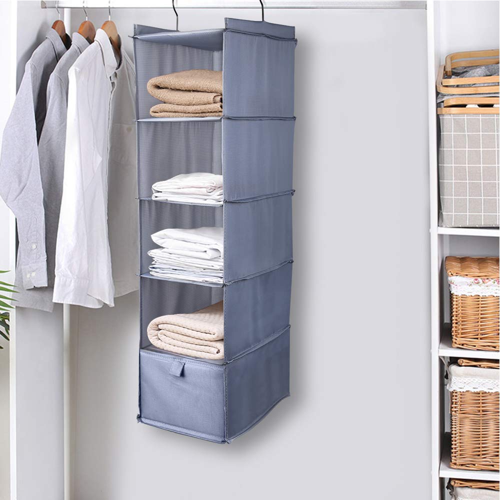 Mensola pensile da parete con 5 scomparti e 1 cassetto, in tessuto multiuso, colore grigio