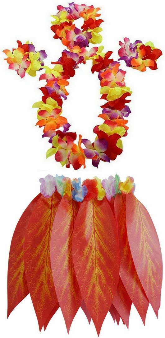 Ti Leaf Skirt Hawaiian Hula Grass Skirt with Flower Leis for Women,Girls,Men,Luau Party Dress Outfits